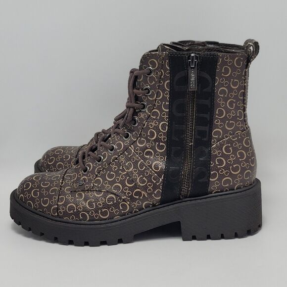 Guess Los Angeles Womens Brown Logo Ankle Combat Lace Up Boots Side Zip Sz 8.5M - Picture 5 of 12